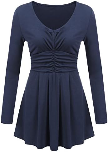 Pelertu Women's V Neck Ruched Long Sleeve Flared Shirt Casual Pleated Tunic Tops, Medium, Navy Blue