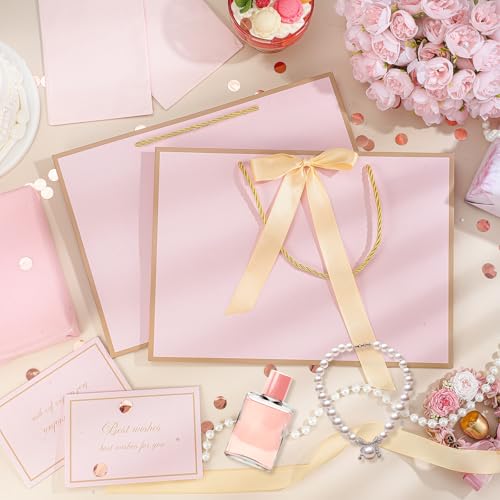 woric Pink Gift Bags with Handles, 14" Medium Gift Bags with Tissue Paper, 2 Pcs Pink Bags with 4 Tissue Paper and 2 Cards for Baby Shower Wedding Bridal Shower Graduation Birthday Party