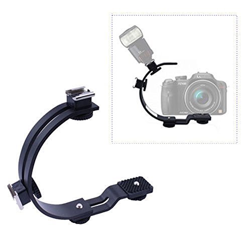 INSEESI C-Shaped Flash Bracket with Two Hotshoe and 2 Tripod Screws for LED Video Light DSLR Camera Camcorder