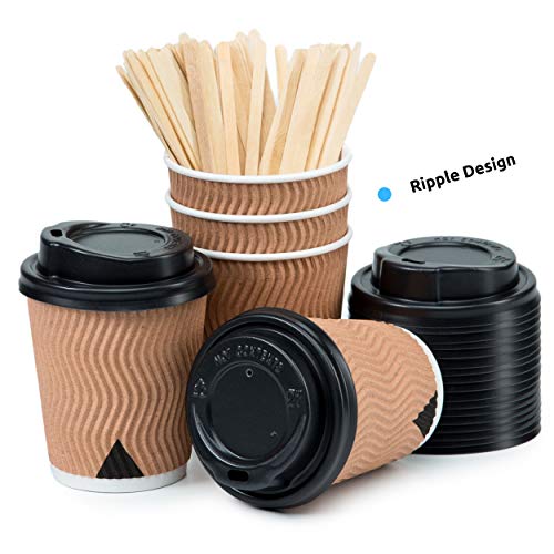 110 Kraft Gewellt Pappebecher Coffee To Go 240 ml 8 Oz mit Deckel und Holz Rührstäbchen Zum Servieren von Kaffee, Tee, heiÃen und kalten Getränken – Bild 4