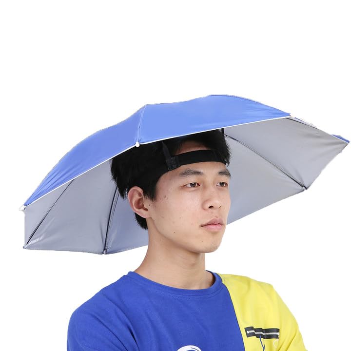 Nikou Head Umbrella Hats, 65cm Outdoor Sun Rain Protection with Elastic Bands Portable Mini Folding Hat Umbrella for Golf, Fishing, Gardening (Royal Blue)
