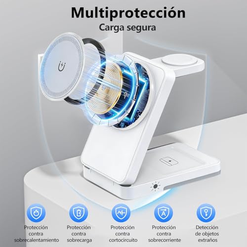 UZNOONL 3 en 1 Cargador Inalámbrico para iPhone - Plegable Portátil Cargador, 15W Adaptador de Corriente+1m Cable para iPhone 17 16 15 14 13 12 Serie, Apple Watch, AirPods (Blanco)