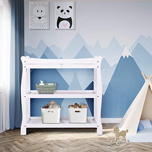 Bable Baby Changing Table with Two Open Shelves for Storage- Modern Diaper Changing Station with Pad to Protect Mom's Waist, Wooden White Changing Table Has Sturdy Straps Guardrail, Safe to Dress Baby
