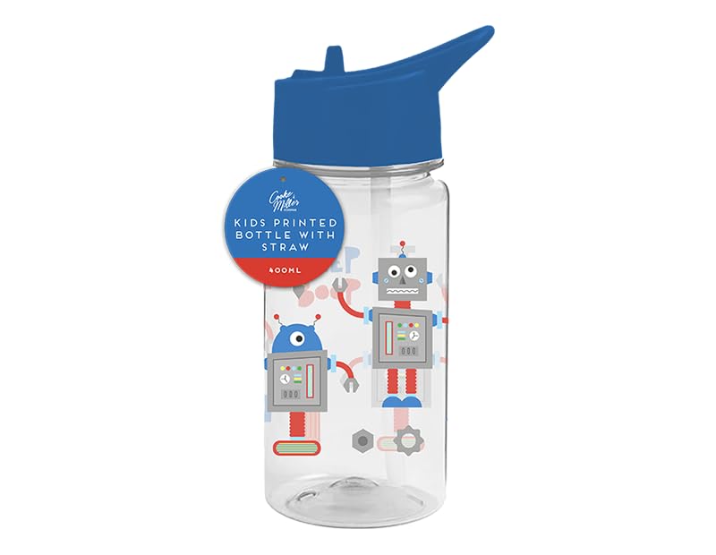 PRISTINE ENTERPRISE KIDS WATER BOTTLE WITH STRAW-FLIP NOZZLE-BPAFREE-CARRY HANDLE-SCREW ON LID- 400 ML-RAINBOW-UNICORN-SPACE-DINOSAURS ASSORTED DESIGNS (ROBOT)