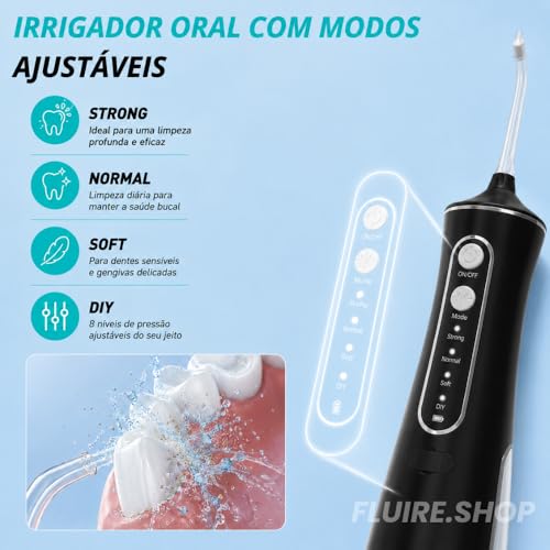 Irrigador Oral & Bucal Portátil Recarregável -Tanque 300ml - Limpeza Profunda com 4 Níveis de Pressão, 4 Ponteiras, À Prova d’Água - Jato Dental Ideal para Aparelhos Ortodônticos, Implantes e Gengivas