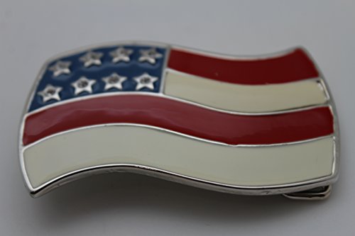 TFJ Men's Women's Fashion Belt Buckle Silver Metal USA American Flag Red Blue White
