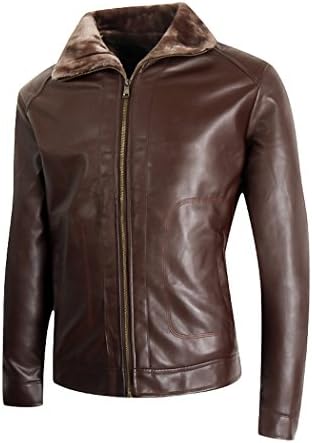 LIERDAR Men's Warm Leather Coat Fur Lined Leather Jacket Brown Small