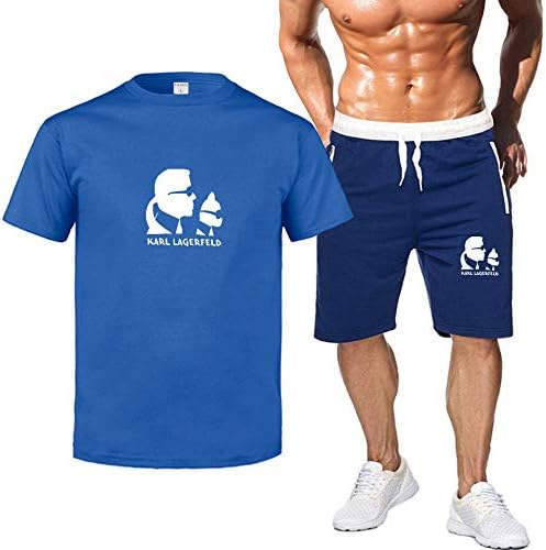 WEY Sports Shorts Karl Lagerfeld Cartoon Printed Sportswear Suit Casual T-Shirt Sweatpants 2-Pieces Set Fitness Running Clothes High-Quality Materials/Blue/M