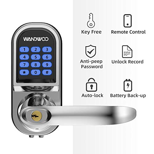 [2020 New]Smart Lock,Wandwoo Electronic Door Locks with Bluetooth Mechanical Keys Enabled Anti-peep Code Auto Lock Adjustable Hand for Home/Office/Hotel/Garage Apartment-Silver