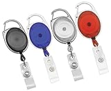 Retractable Badge Holder Carabiner Reel, Clip On ID Card Keychain, 4 Multicolored Translucent Clips