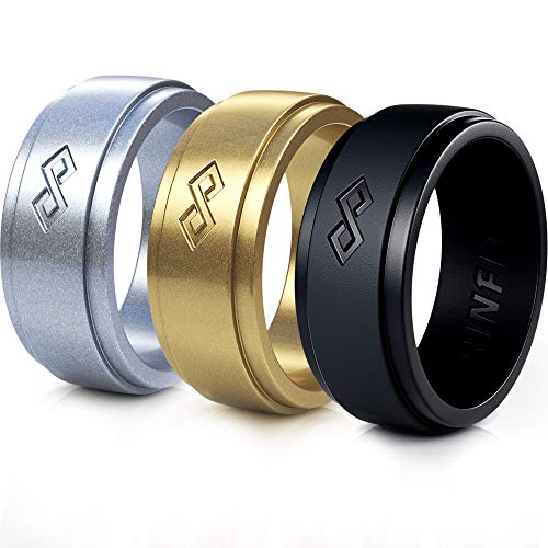 Anillo de bodas de silicona RinFit para hombre. Pack de 3 anillos. Bandas de goma de silicona para hombres diseñadas, seguras y suaves (11, plateado, dorado y negro)
