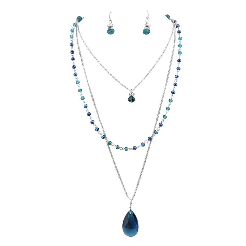 Bocar 3 Layer Jewelry Set Long Chain Pendant Bead Necklace Earring for Women (NK-10036-Lack Blue)