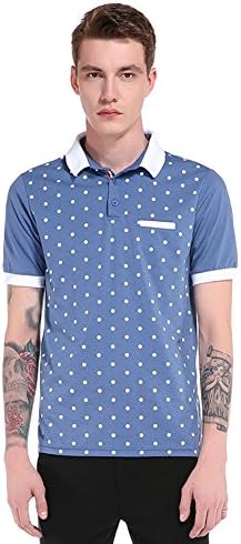Honesy Mens Casual Shirt With Button Dot Design Fit Short Sleeve Polo T-Shirt Blue S