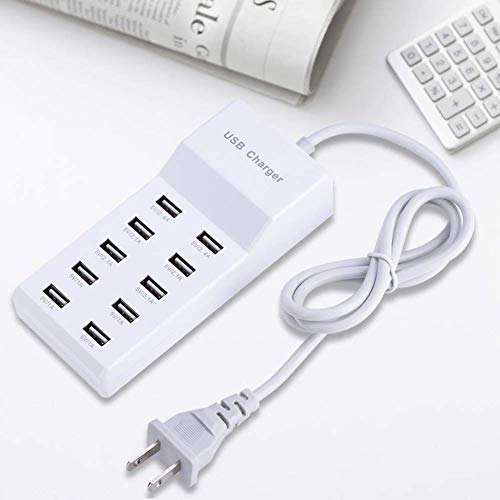 USB Rapid Charger10-Port Family-Sized USB Wall Charger with Rapid Charging Auto Detect Technology Safety Guaranteed Smart USB Ports for Multiple Devices Smart Phone Tablet Laptop Computer
