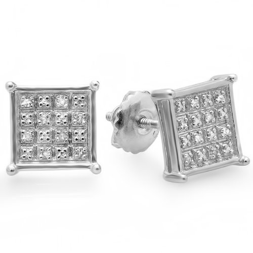 0.10 Carat (ctw) Rund White Diamond Square Shape Mens Iced Stud Earrings 1/10 CT, Sterling Silver