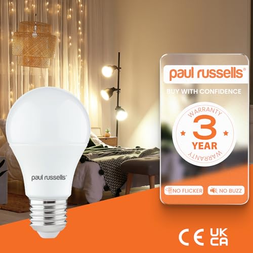 paul russells LED GLS Light Edison Screw ES, 60w Equivalent, 8watt 806LM LED Bulbs, 2700K Warm White Lamp, Classic Frosted A60 Standard E27 Energy Saving Non-Dimmable Large Globe Lightbulb, 3 Pack