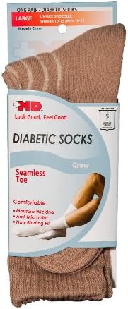 MD USA Seamless Toe-Wave-In Mesh Diabetic Crew Socks, Tan, Large, Men 10-12 Women 10-13