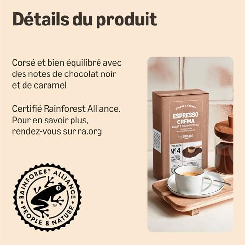 Café moulu Espresso Crema, Torréfaction Moyenne, 250g, Lot de 4 - Certifié Rainforest Alliance