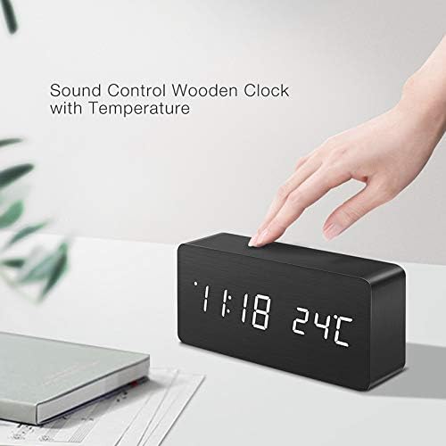 ThreeH Desk Wooden Alarm Clock Digital 3 Set of Alarm and Voice Control,Large Display Time Temperature,Date,USB or Battery Powered for Home,Kids,Bedroom,Office AC11 Black_White - Image 3