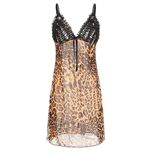 Caerling Damen Leopardenmuster Nachthemd Bequem Negligee Spitze Dessous Sexy Lingerie Nachtwäsche V Ausschnitt Spaghetti Träger Kleid (M, Braun)