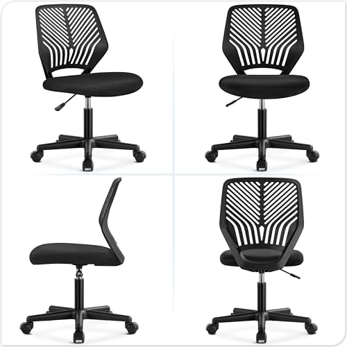 Cadeira Ergonómica de Secretária de Escritório Cadeira Giratória Altura Ajustável Sem Apoios de Braços Assento em Rede Preta