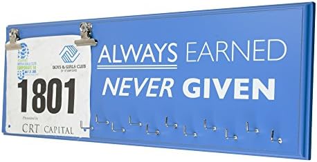 Running Medal Display Rack and Bib Holder, Beautiful Handcrafted Wood Sign, Wall Mounted, 22" x 7", 11 Hooks, Holds Up to 30+ Medals, Always Earned Never Given, Blue