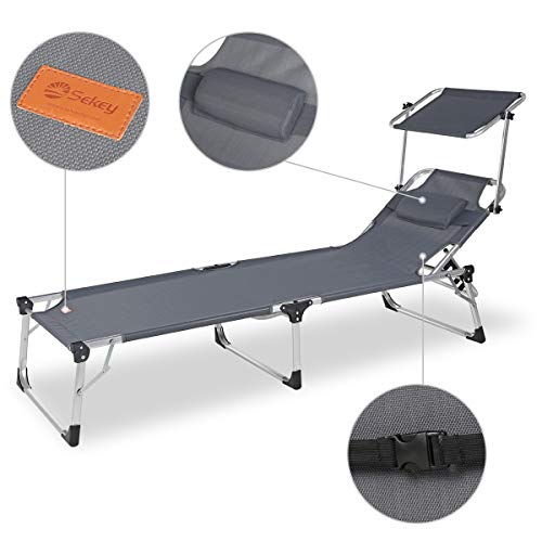 Sekey Aluminium klappbare Sonnenliege mit Dach, Gartenliege mit Kissen für Balkon, Garten, Terrasse, Innen- und Außen… – Bild 6