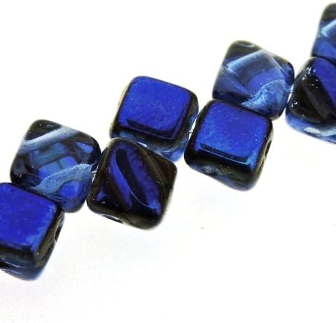 Czech Silky Beads Glass 2-hole Diamond-shape Diagonal Tile Beads 6mm - Sapphire Azuro (40)