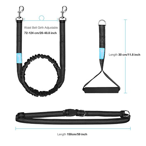 Pecute Hands Free Dog Leash with Extra Foam Handle - Extendable Bungee with Reflective Stitching - Waist Belt Adjustable Fits up to 48” Waist - For Jogging, Running, Hiking (Black and Blue)