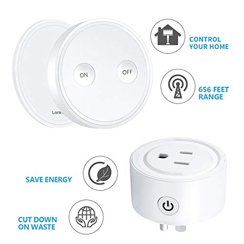 LoraTap Mini Remote Control Outlet Plug Adapter with Remote, 656ft Range Wireless Light Switch for Household Appliances, No Hub Required, 10A/1100W, White, 5 Years Warranty (2 Remotes + 1 Outlet)