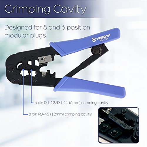 TRENDNET CRIMPING TOOL, CRIMP, CUT, AND STRIP TOOL, FOR ANY ETHERNET OR TELEPHONE CABLE, BUILT-IN CUTTER AND STRIPPER, 8P-RJ-45 AND 6P-RJ-12, RJ-11, ALL STEEL CONSTRUCTION, BLACK, TC-CT68