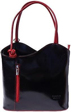 Ladies Italian Leather Handbag,Convertible Rucksack, Backpack Handcrafted In Florence From The Finest Italian Leathers (Black & Red)