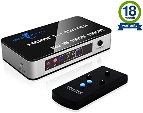 Goronya HDMI Switch ,Intelligent 3 port HDMI Switcher with IR Wireless remote Control and AC Power Adapter, HDMI Hub Supports 4K, Full HD1080p, 3D