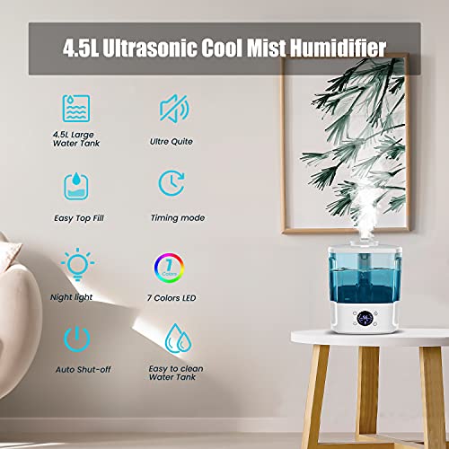 Solonsuo Humidifiers for Bedroom Home, 4.5L Top Fill Ultrasonic Mist Humidifier with Remote Control, Three Mist Modes, 360° Nozzle , Auto Shut-Off, Up to 40 H, Quiet Easy Clean, Filterless(350 sq)