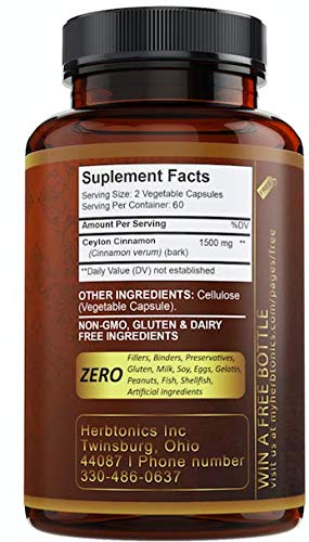 Ceylon Cinnamon Capsules 1500 mg 120 Capsules, True Ceylon Cinnamon, Blood Sugar Levels Support Supplement - Sri Lanka Cinnamon Ceylon Powder Joint Support, Anti-inflammatory