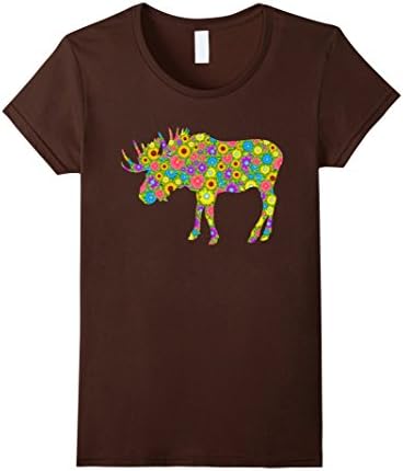 Women's Moose T shirt - Funny Moose Flowers Shirts Small Brown