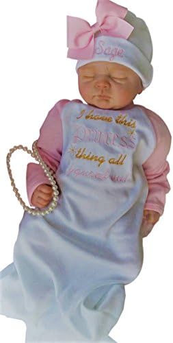 theposhlayette Newborn Baby Girl Personalized Raglan Sleeve Layette Gown & Beanie Swaddling Set (Pink/Gold)