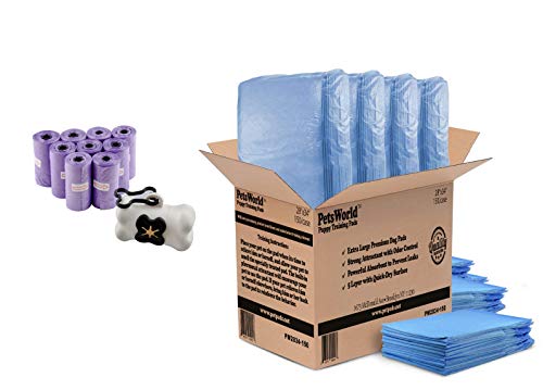 PETSWORLD Puppy Training Pads (28x34) 150Ct, Bundle with Dog Waste Bags + Dispenser (9 Rolls 180 Ct)