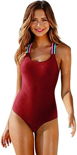 LEvifun Women Plain Monokini Rainbow Strap One Piece Swimming Costume Backless Swimwear Swimsuit Bikini Push Up Padded Beachwear Bathing Suit