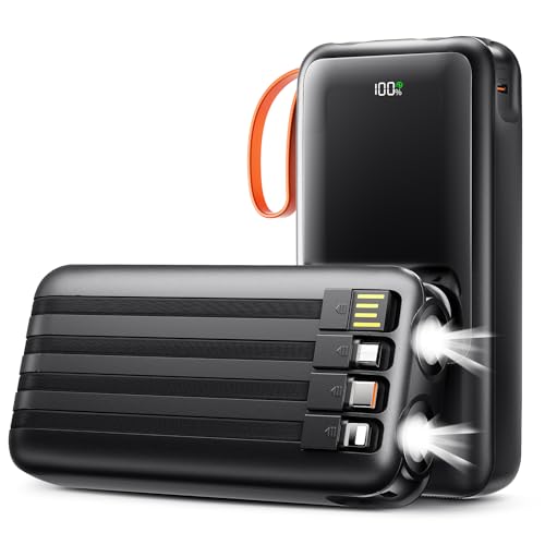 HUSEYTA Power Bank 20000mAh con Cables Integrados, Carga Rápida PD 22.5W, Batería Externa con 4 Cables y Pantalla LED, Compatible con iPhone, Samsung, Xiaomi