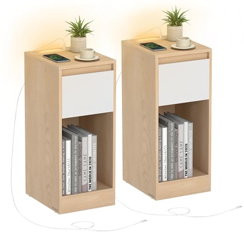 VASAGLE Nachttisch 2er Set, schmal, Beistelltisch, LED-Beleuchtung, 1 USB-A-Anschluss, 1 USB-C-Anschluss, Schublade, offenes Fach, für Schlafzimmer, W
