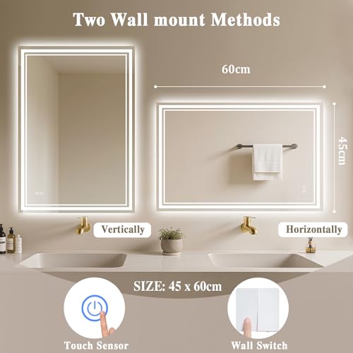 Archaluxe Bathroom Mirror with LED Light: 45x60cm Illuminated Wall Mounted LED-Bathroom-Mirror with Shaver Socket, Anti-Fog,3 Colors Dimmable, Memory Function, IP44 Smart Mirror Horizontal/Vertical