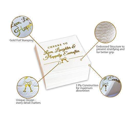 Napkins for Weddings, Rehearsal Dinners, More -"Cheers to Love, Laughter & Happily Ever After" Gold Lettered White Cocktail Napkins, 4.9 sq. in. Fancy Beverage Napkins & Decór by Bollepo (50)