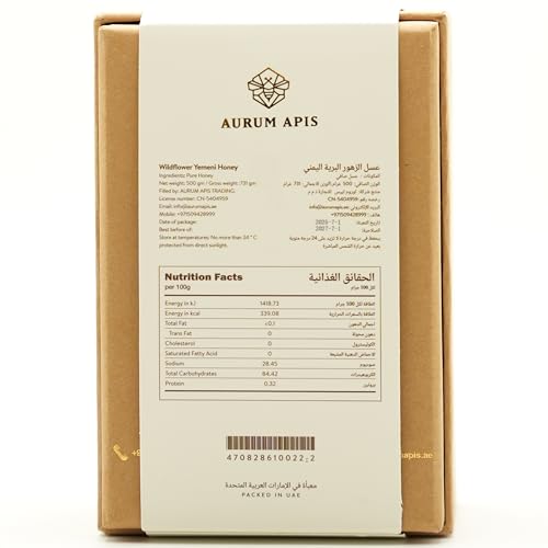 Aurum Apis Yemeni Wildflower Honey, 100% Raw Natural Sweetner Unadultrated Unfiltered, Pure Floral Sourced Hand Harvested Organic Honey, Non-GMO, Rich Nutrients & Energy Source – 500g Honey Jar