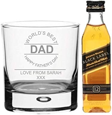 Fathers Day Personalised Laser Engraved 8 oz Heavy Bubble in the base glass, with 50ml Johnnie Walker Black Label Whiskey in Silk Lined Gift box