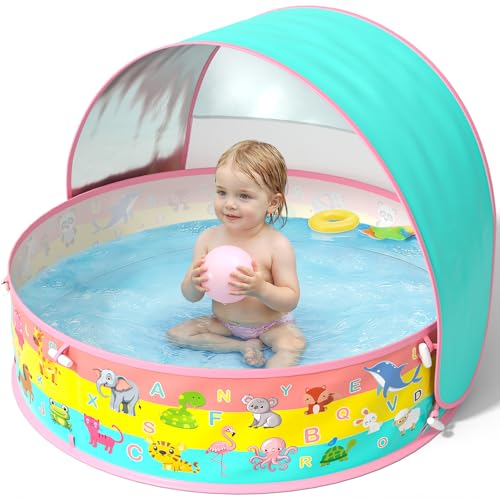 Baby Paddling Pool with Roof, Pop-Up Beach Shelter, Baby UV Protection 50+ with Storage Bag, 4-in-1 Portable Baby Pool with Sun Protection, Summer Must-Haves for Beach, Holiday, Camping and Picnic