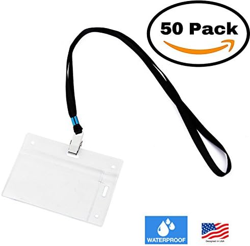 Pom Premium 50 Vertical and Horizontal Name Tag Holders with Lanyards, Sealable Waterproof Name Badge Holders with Black Clip Lanyards, 50 Set