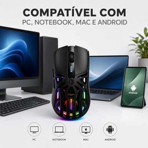 Mouse Gamer Sem Fio RS8 RGB Bluetooth 2.4G Recarregável 10000 DPI Design Ergonômico 6 Botões Para PC Notebook