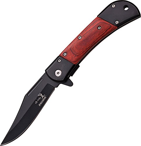 Elk Ridge ER-A009BW Spring Assist Folding Knife, Black Straight Edge Blade, Brown Pakkawood Handle, 4.75-Inch Closed