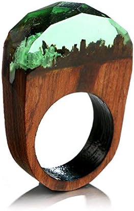 gprew Green Wood Resin Ring with Miniature Fantasy Secret Forest Jewelry Ring